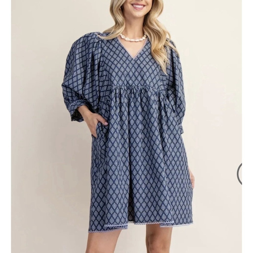 GiGo Babydoll Dress Womens S Blue‎ Cottagecore Prairie Puff Sleeve Peasant Boho